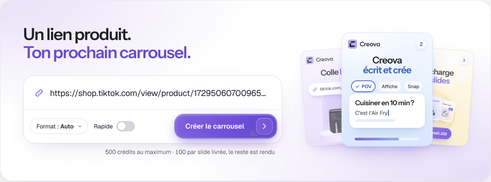 Écran Créer de Creova : le lien d’un produit TikTok Shop est collé, le format est sur Auto.