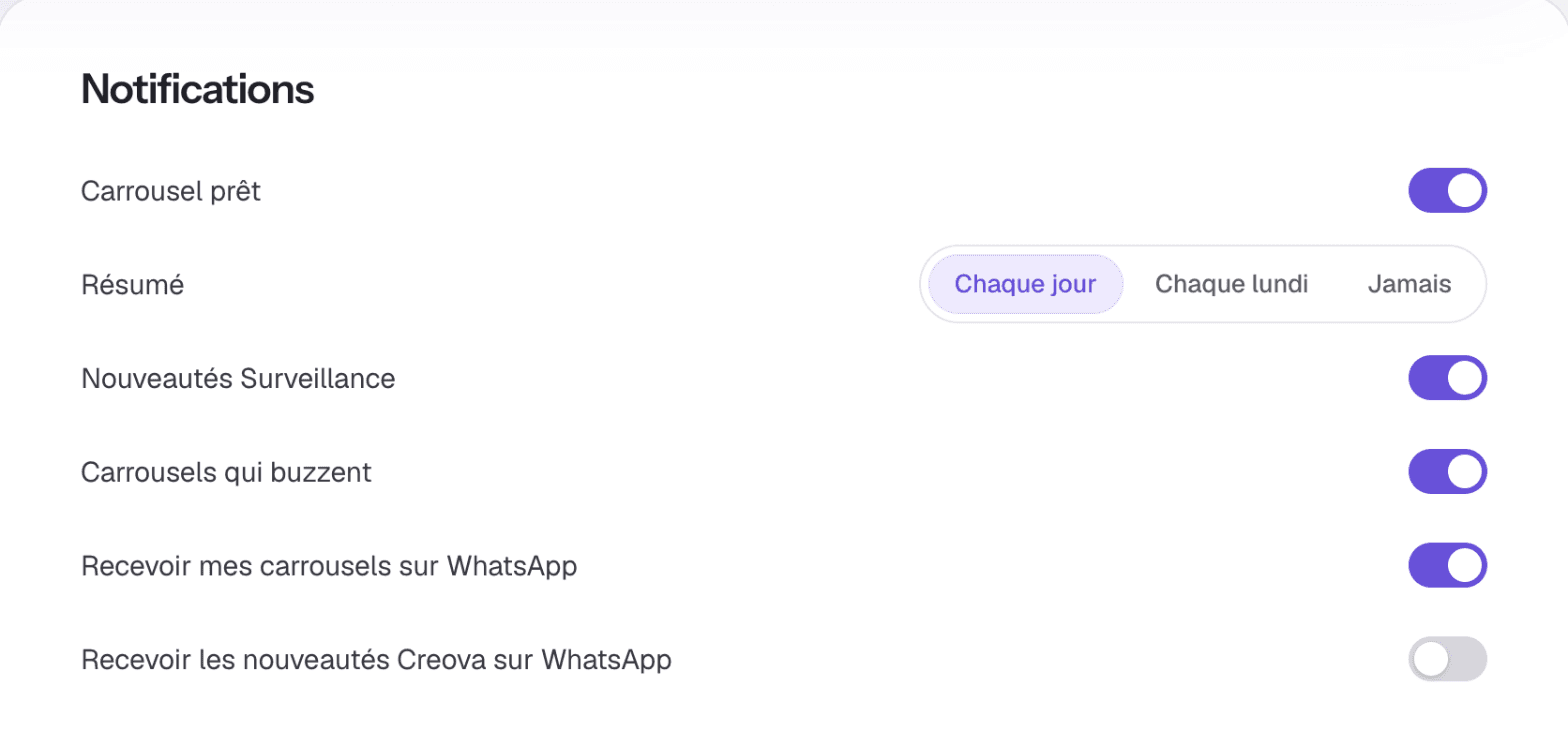 Recevoir ses carrousels sur WhatsApp, dans les notifications du compte Creova.
